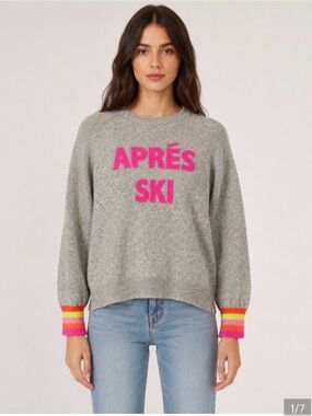 SCOTT & SCOTT LONDON 100% Cashmere Après Ski Sweater Gray with Pink Intarsia